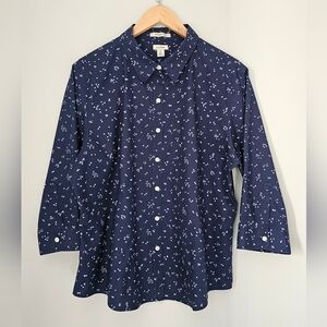 Navy Blue L.L. Bean Button Down with white little white flowers (size XLP)